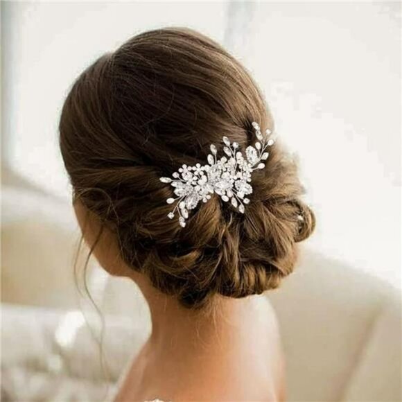 Bride Wedding Hair Comb Pearl Flower Hair Piece Rhinestone Silver Headpiece - Picture 5 of 7